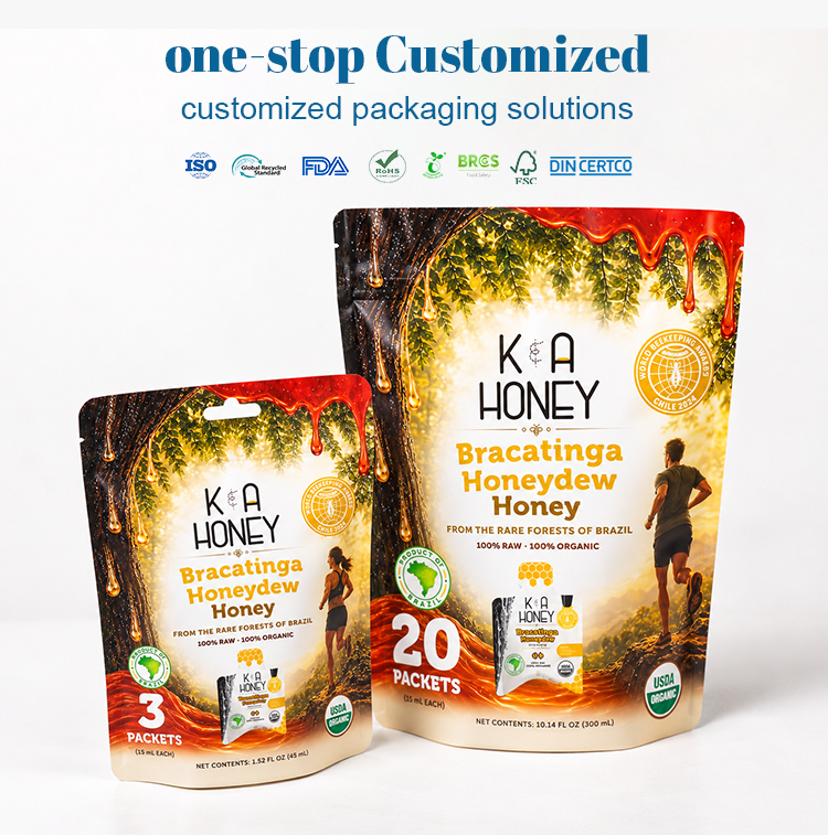 Custom printed stand-up pouches for honey, with multiple certification marks, 2 package sizes displayed.