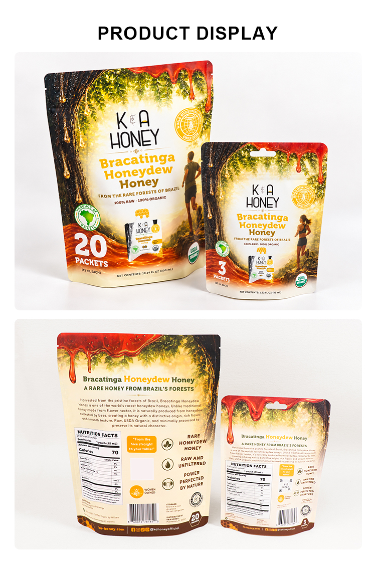 Front and back views of custom honey packaging bags, showing artwork and nutrition facts panel.