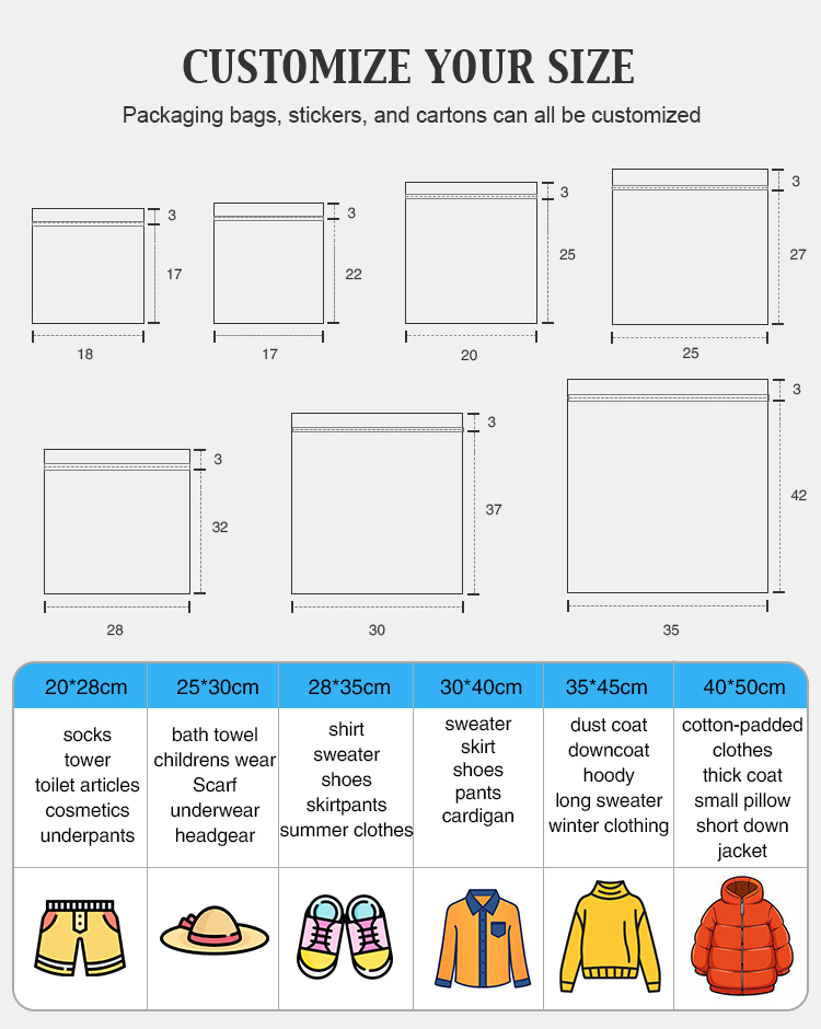 Custom size guide for clothing zipper packaging bags, shows multiple bag dimensions and matched items including socks, shirts, sweaters, down jackets; packaging bags, stickers and cartons available for custom production.