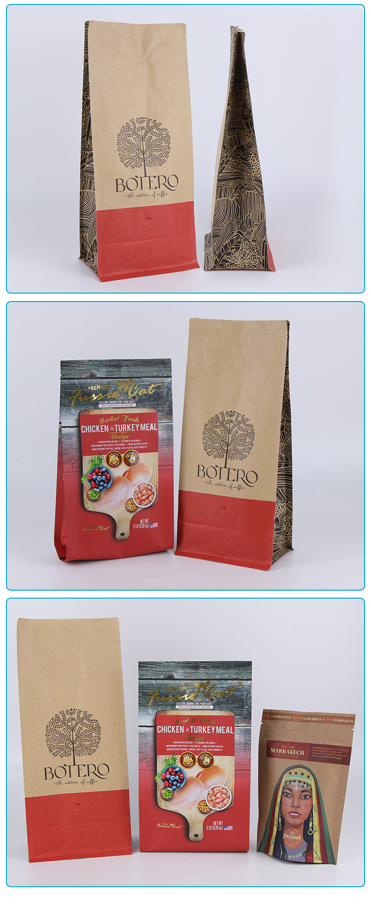 Show standing bottom, side panel design, clear printing and firm sealing of kraft coffee bag.