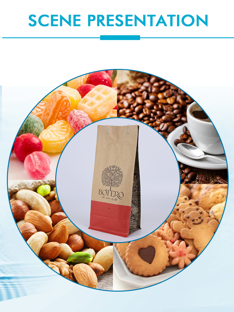 Kraft food bag size, material, MOQ and custom printing details for coffee & snacks.